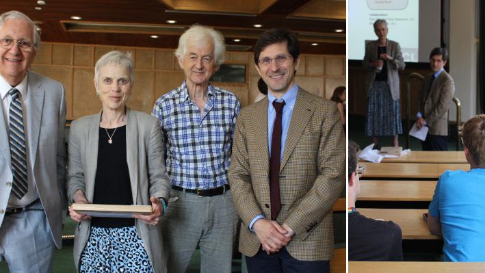 (right) Professor Annette Dolphin is presented with a commemorate plaque, by Professors David Smith and Peter Somogyi and Associate Professor Paolo Tammaro, following her Davd Smith Lecture and (left) Annette answers questions from students in the audience
